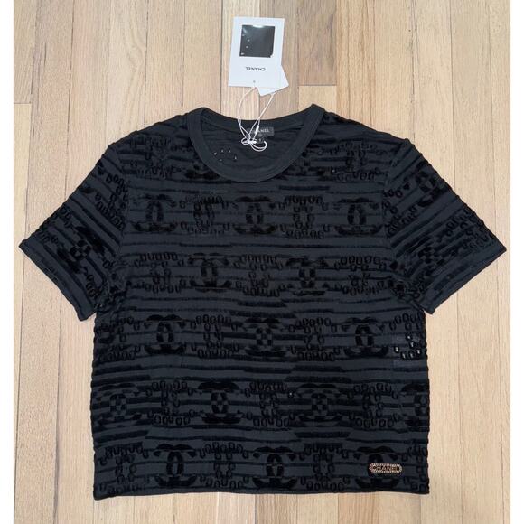 Chanel 21C Black Flocked Velvet CC Logo Top Short Sleeve Tee T Shirt S Small - Picture 2 of 16